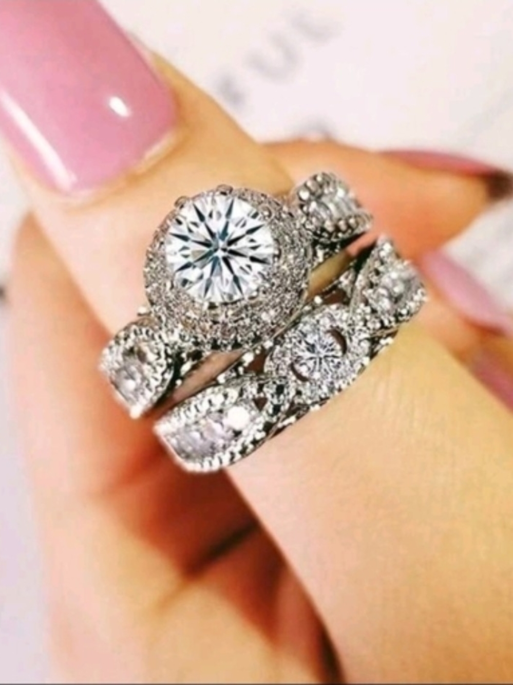 New 925 Silver-plated 2/pcs Wedding Ring Set | Ladies Halo Cubic Zirconia Gems